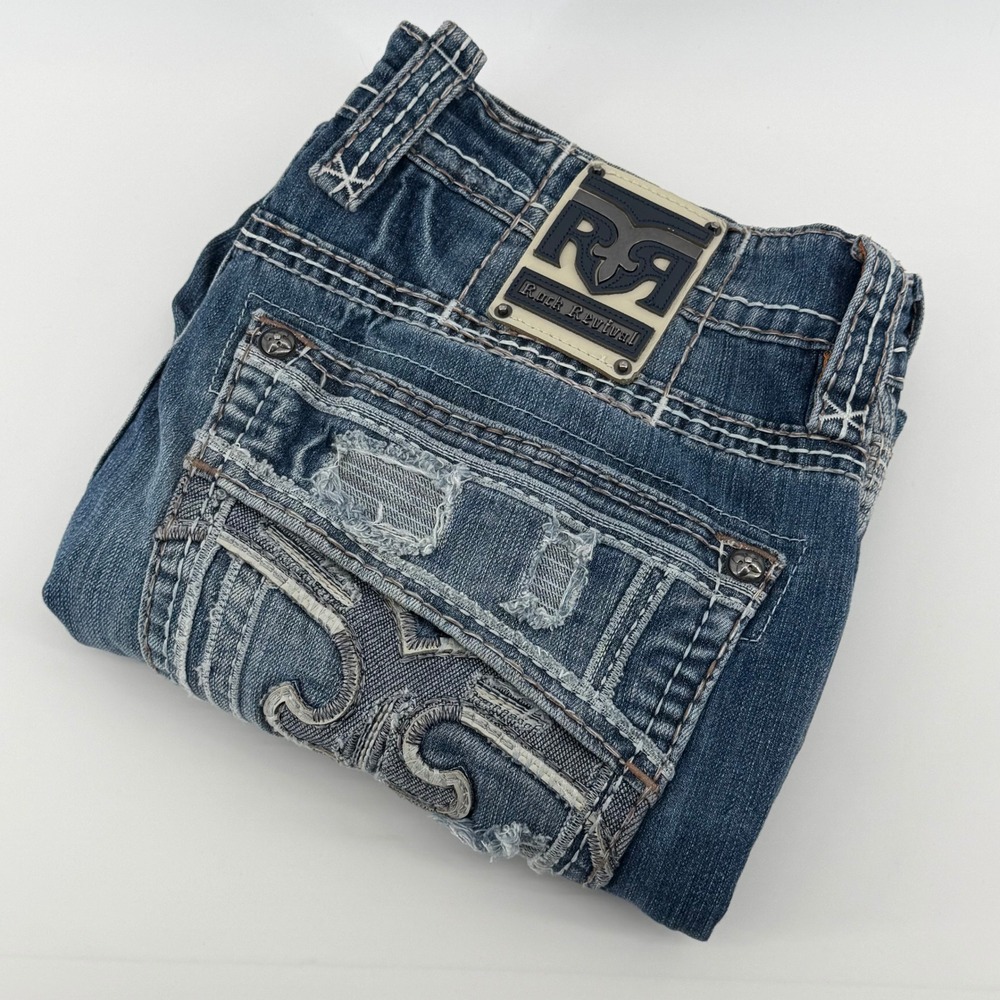 Rock Revival Mens Straight Leg Distressed Blue Jeans Contrast Stitch 38x27.5